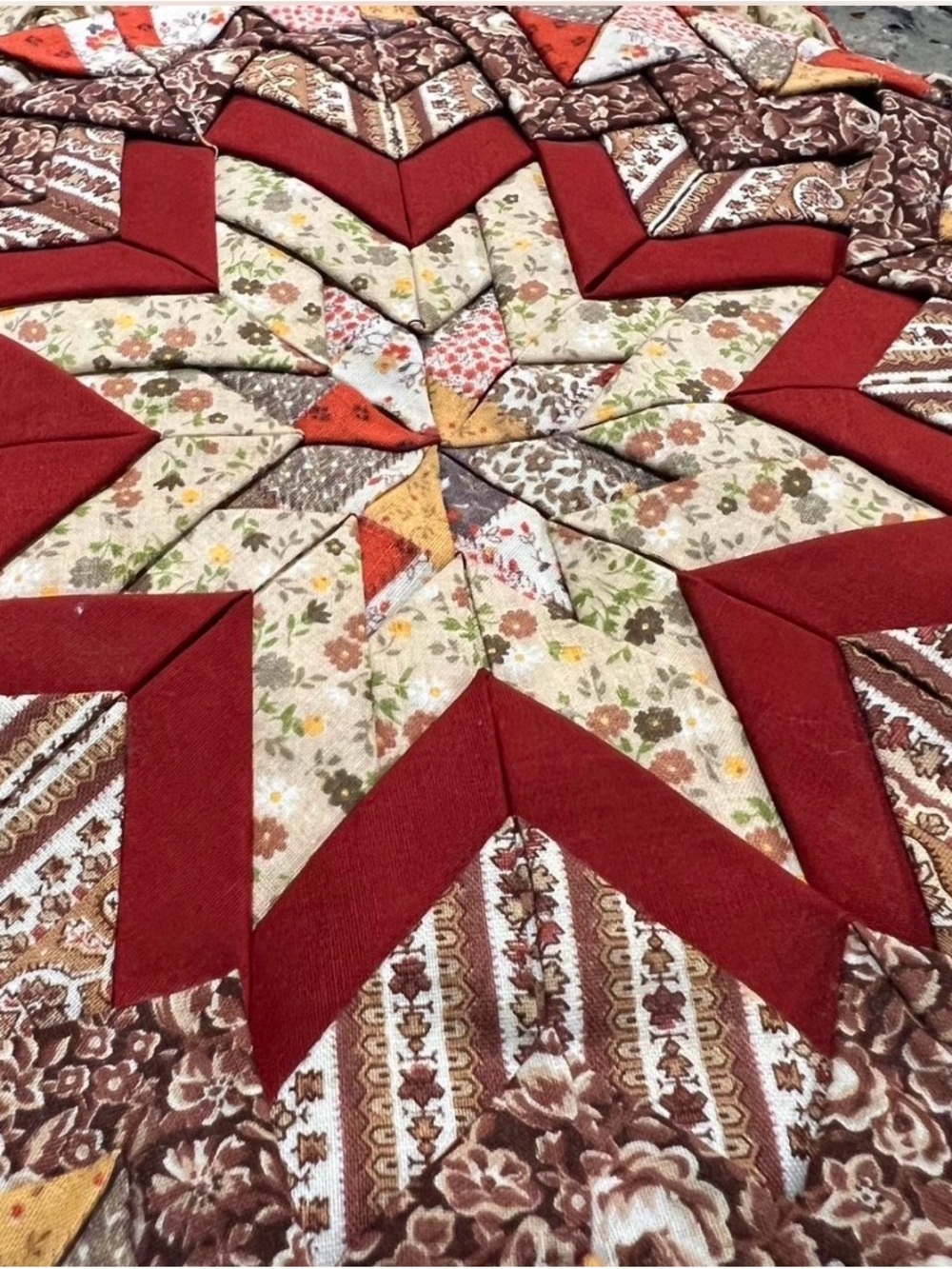 Handcrafted Red Floral Lone Star Patchwork Quilt block - Vintage Star Design